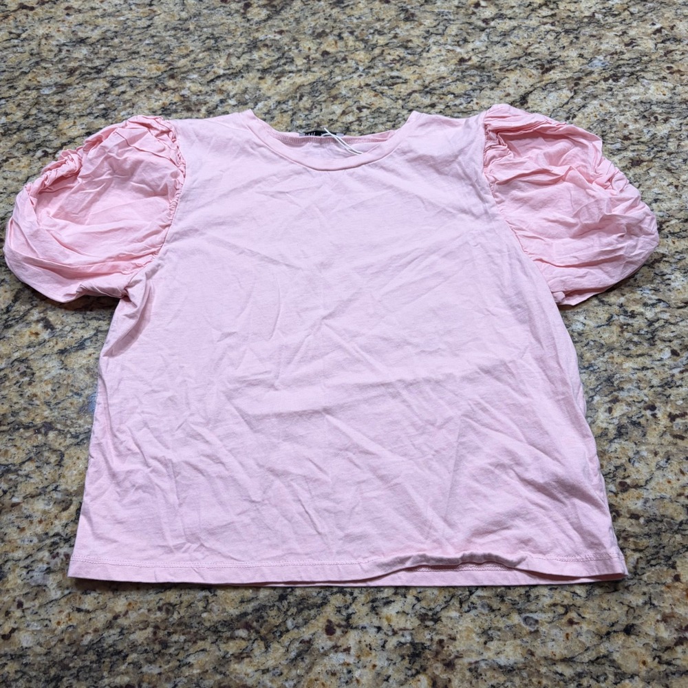 Zara Women Pink Puff Sleeve T-Shirt Crew Neck Short Sleeve Top Size S